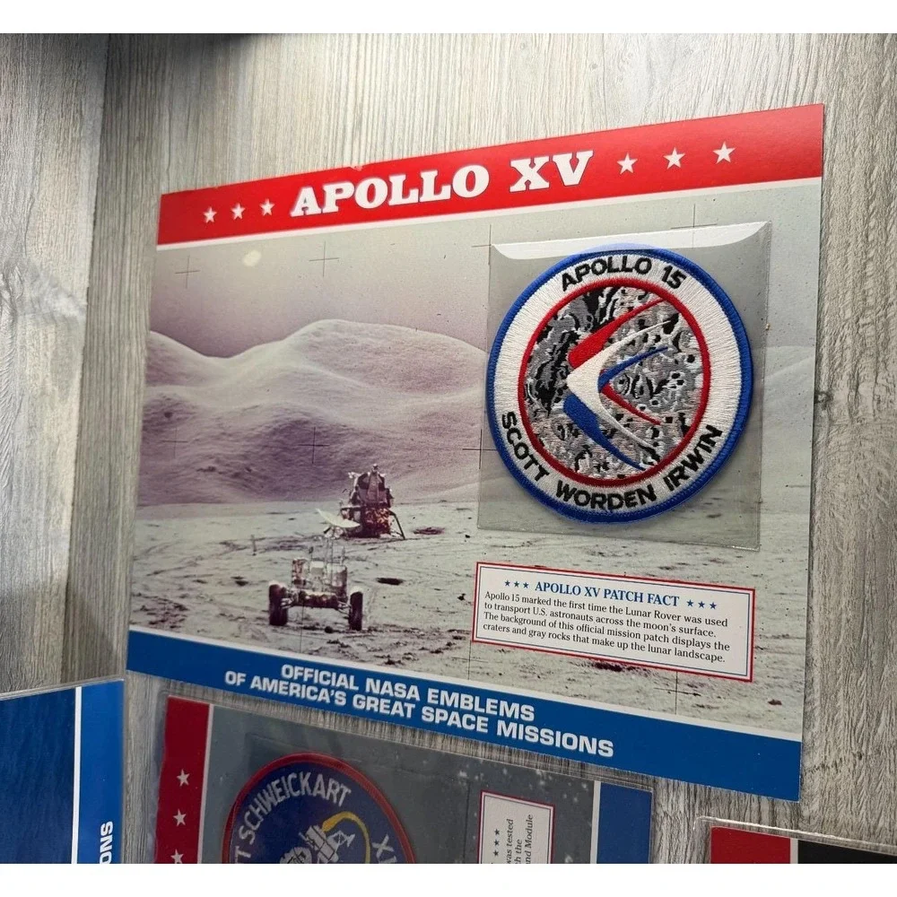7 Vtg Official NASA Emblem Patch Apollo With Mission Data Card Facts Soyuz